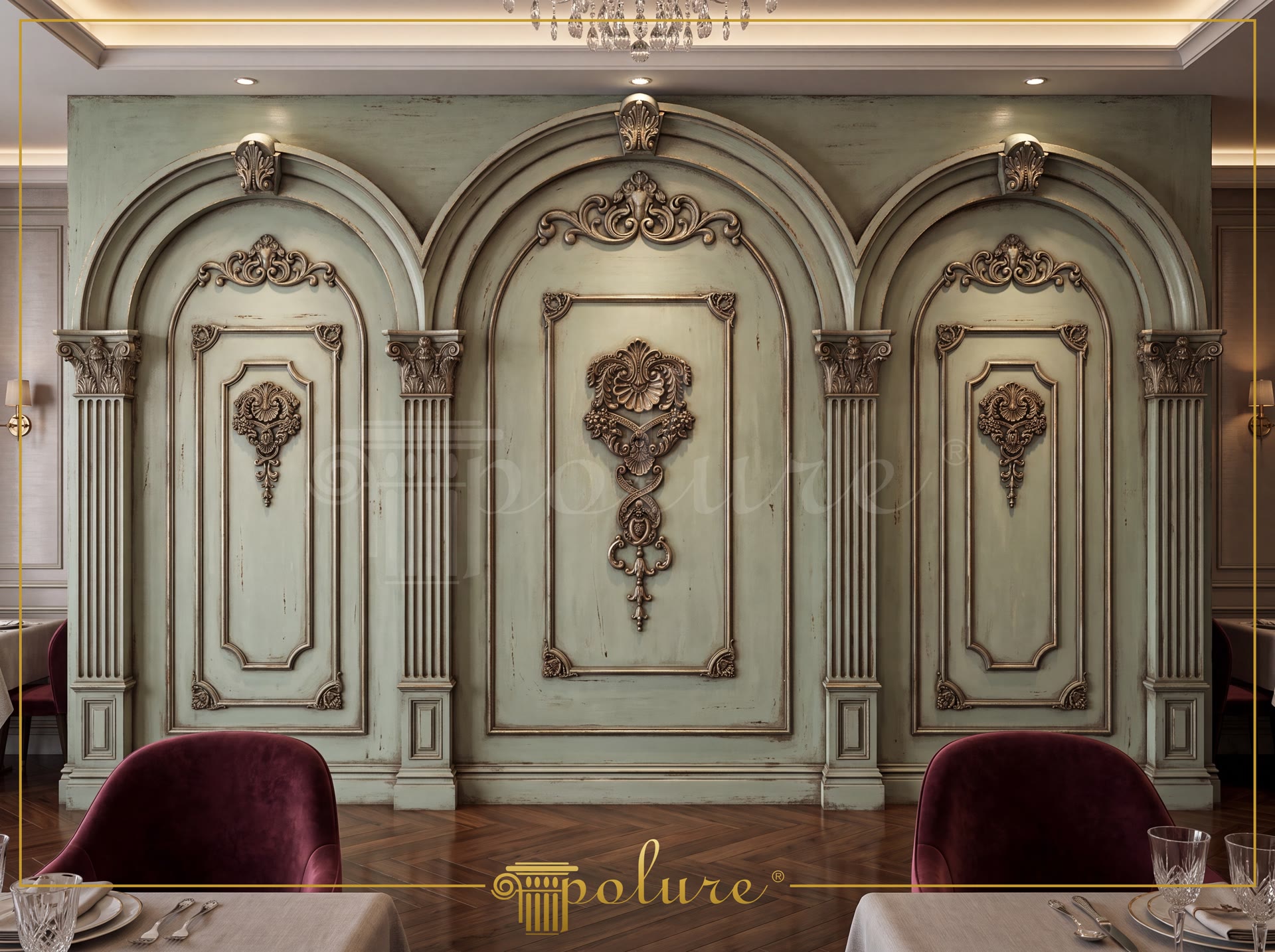 Yeşil boyalı, altın eskitmeli poliüretan duvar kemerleri, P5020 pilaster sütunlar ve dekoratif çıtalı duvar panelleri.