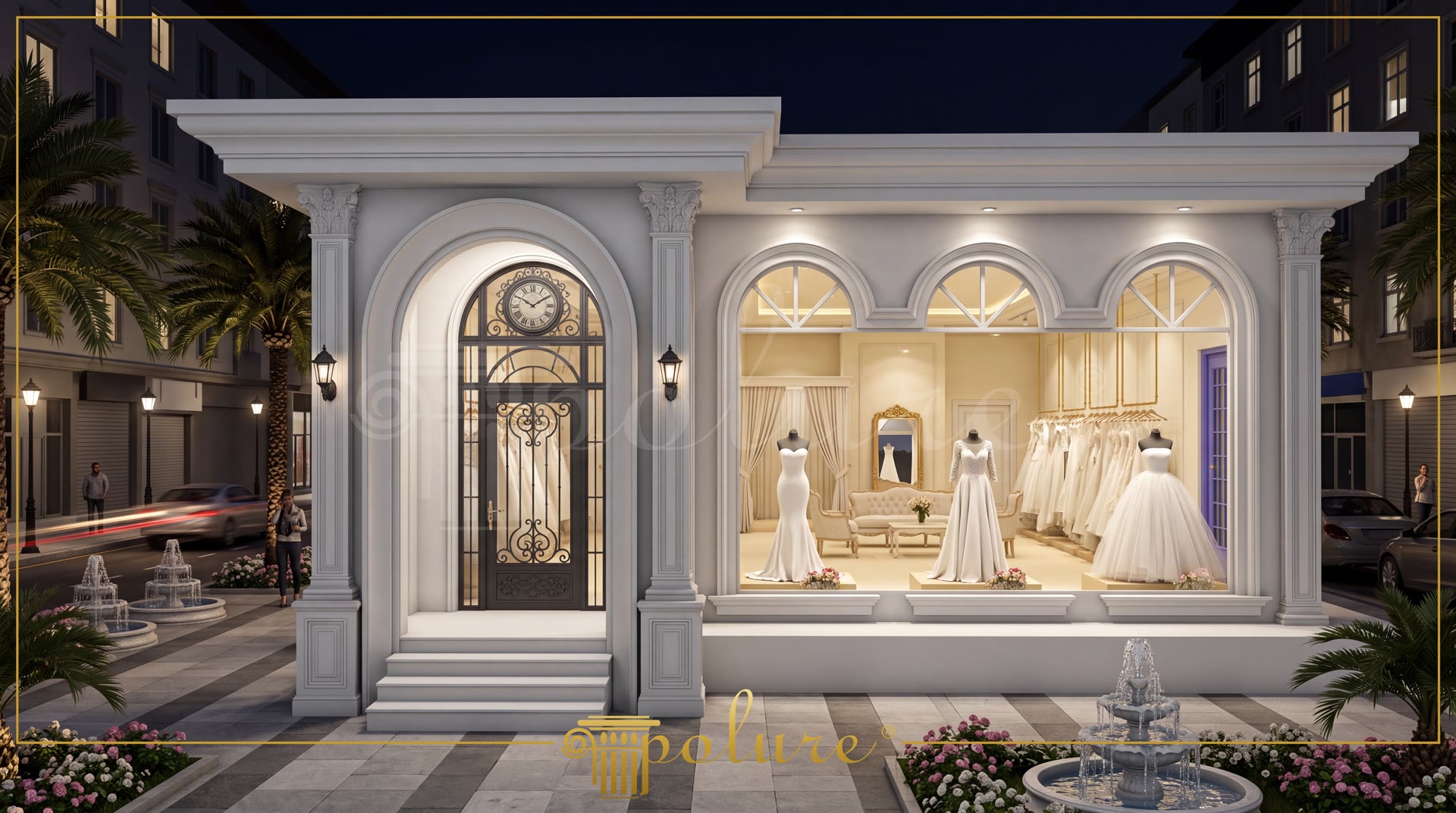 Beyaz poliüretan söve, pilaster sütun ve kemer modelleriyle tasarlanmış klasik tarzda butik işyeri dış cephe dekorasyonu.