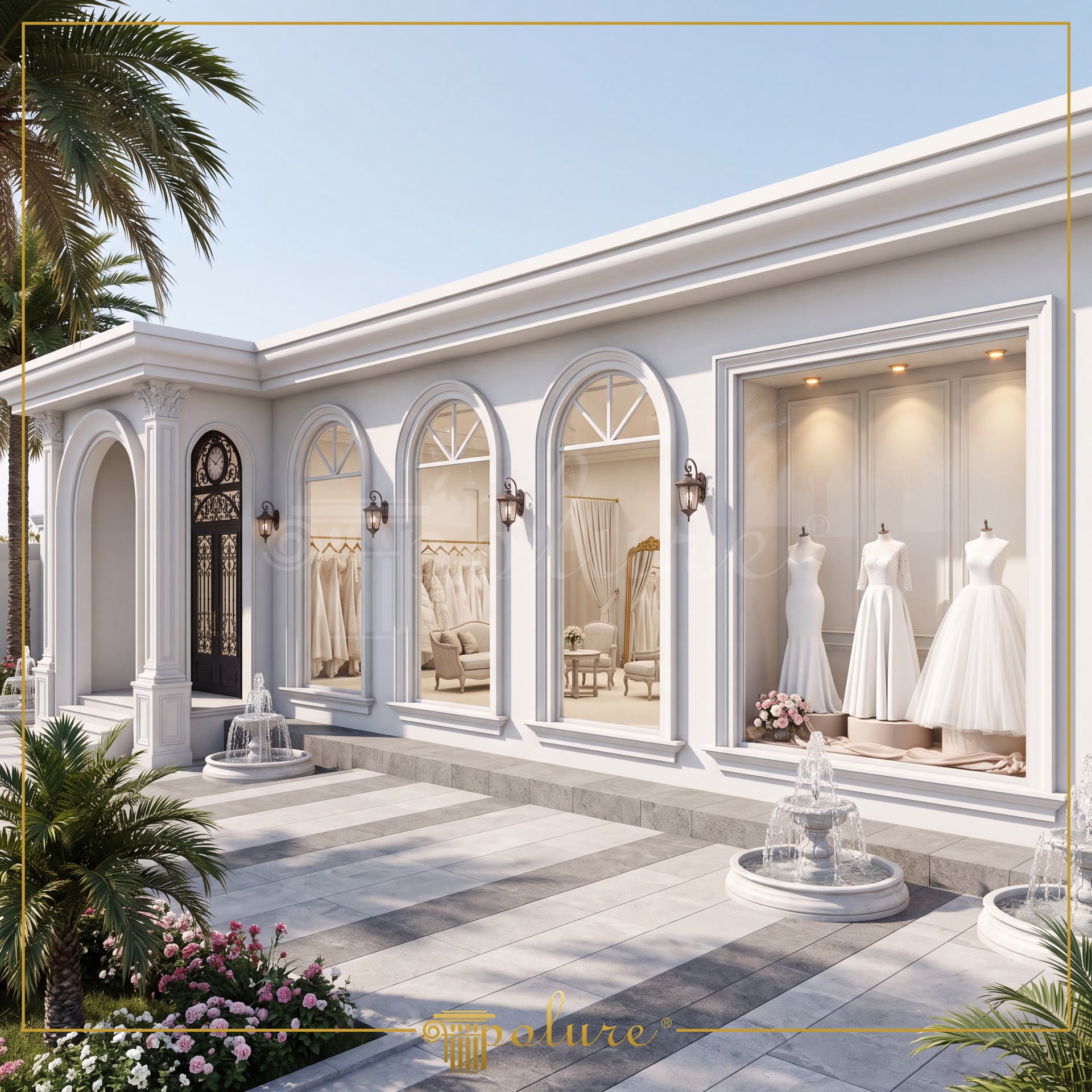 Poliüretan klasik söve, kemer ve pilaster sütunlar ile dekore edilmiş beyaz renkli butik dış cephesi