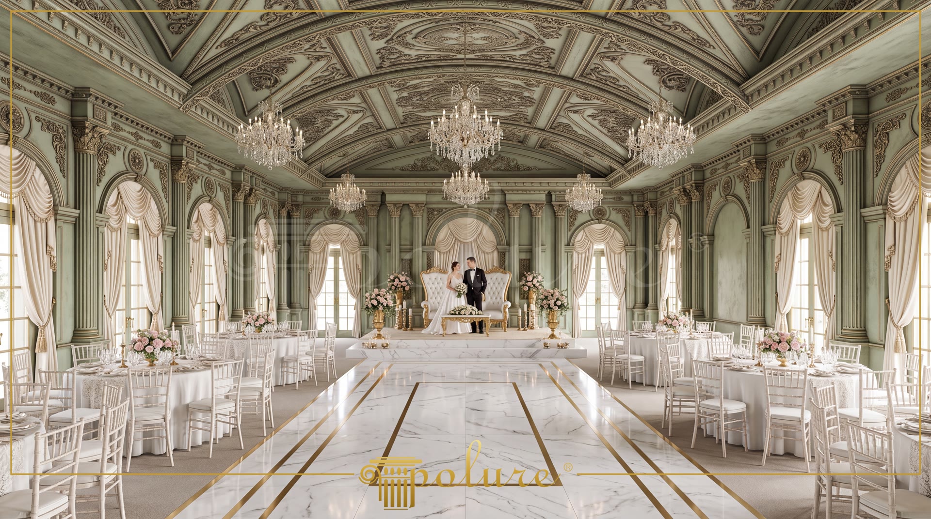 Poliüretan sütun, kavis kemer ve tavan göbeği süslemeleriyle tasarlanmış klasik düğün salonu iç mekan dekoru.