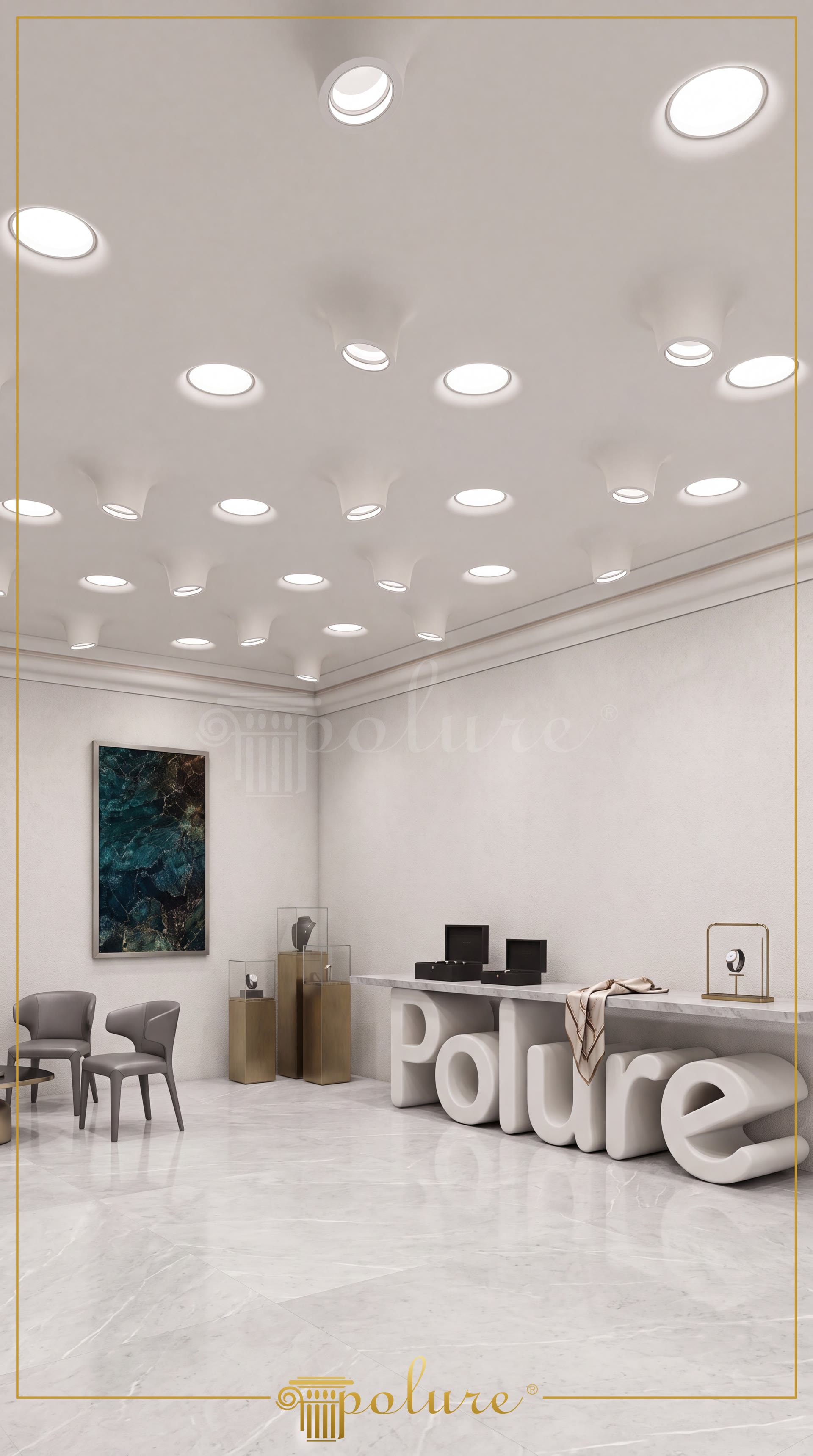 Poliüretan gömme tavan armatür yuvaları ve dairesel spot kasaları ile tasarlanmış modern showroom tavan aydınlatması.