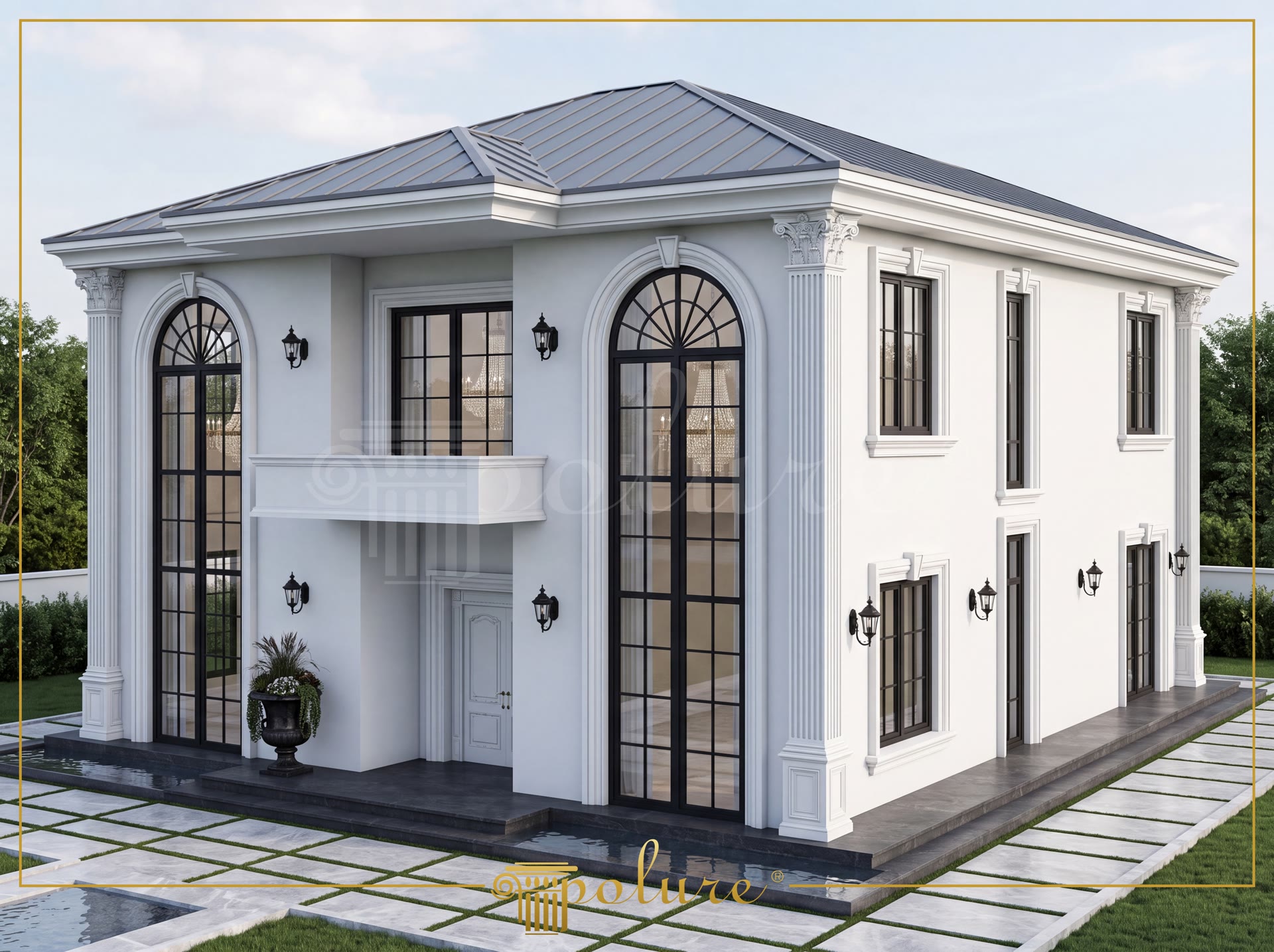 Poliüretan söve, pilaster sütun ve yuvarlak kavis kemer kaplamalı iki katlı beyaz klasik villa dış cephesi
