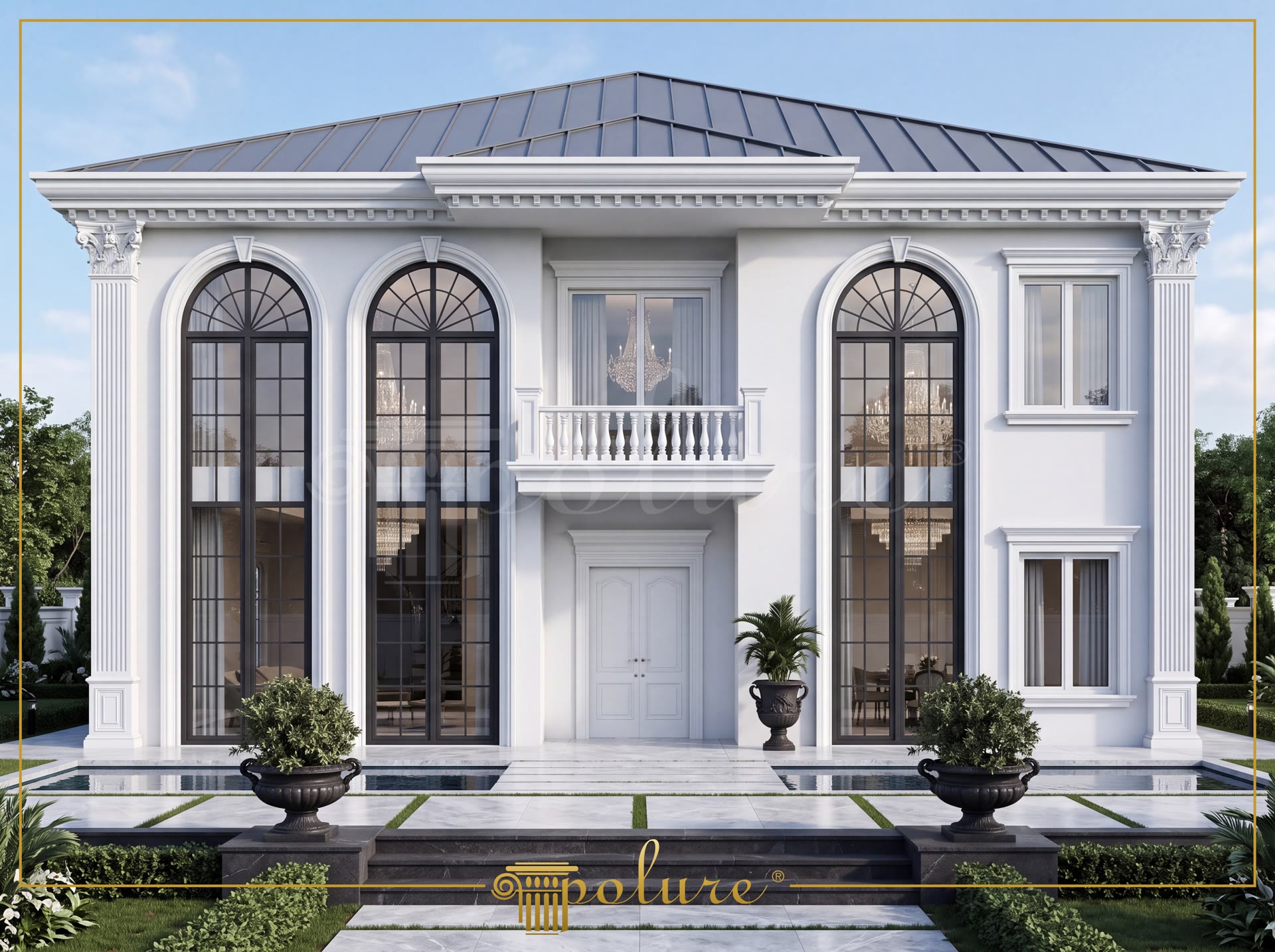 Ankara klasik villa dış cephesinde kullanılan poliüretan söve, pilaster sütun ve kavisli kemer kaplama detayları.