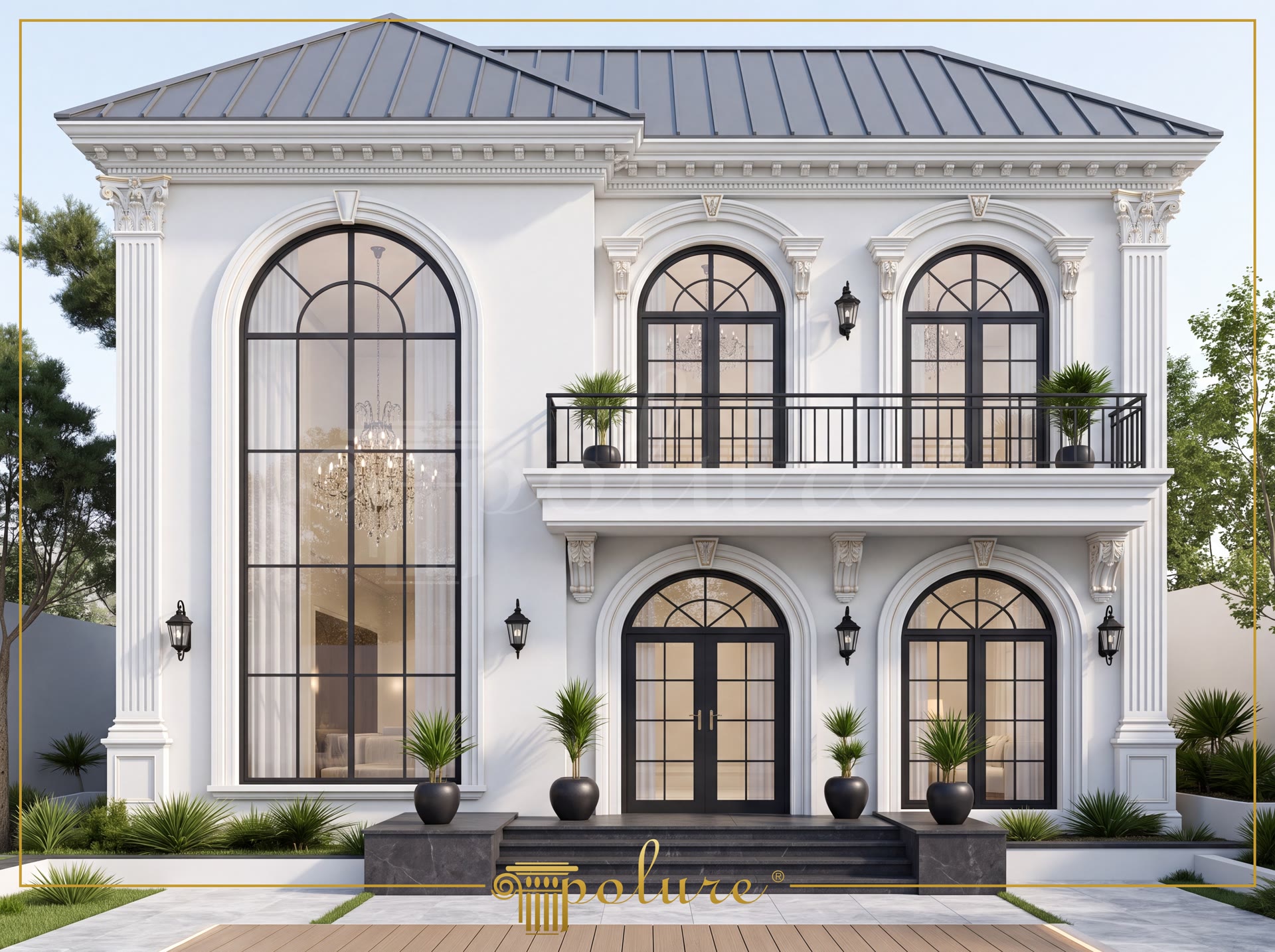 Poliüretan söve, kemer ve pilaster sütun kaplamalı iki katlı beyaz villa dış cephe tasarımı.