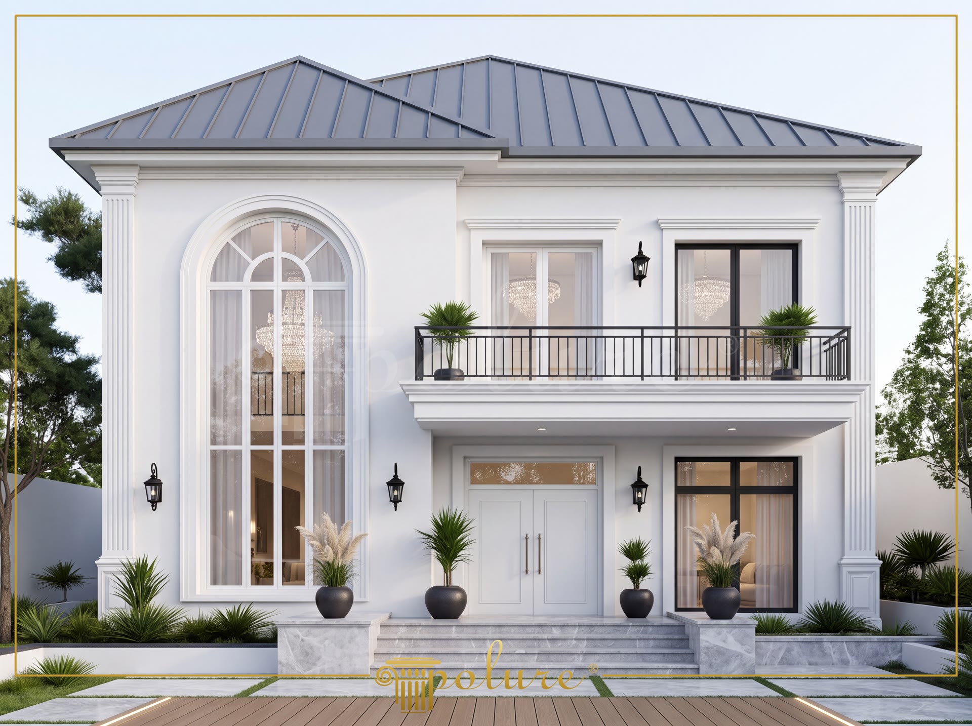 Tekirdağ'da iki katlı beyaz villa dış cephesinde kullanılan poliüretan söve, pilaster sütun ve kavis kemer kaplamaları.