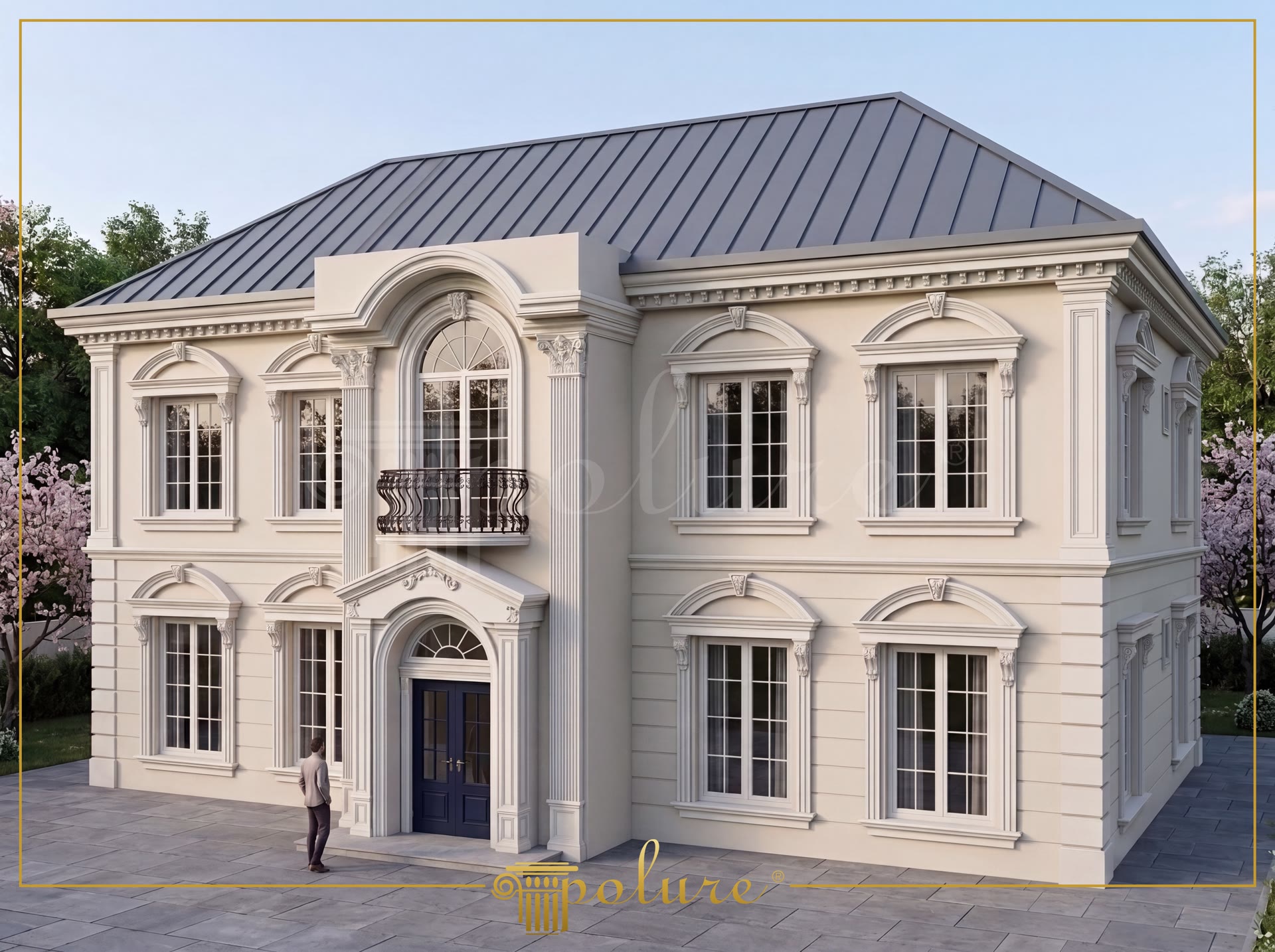 Klasik dış cephe tasarımında poliüretan söve, kavisli kemer ve pilaster sütun kaplama uygulaması.
