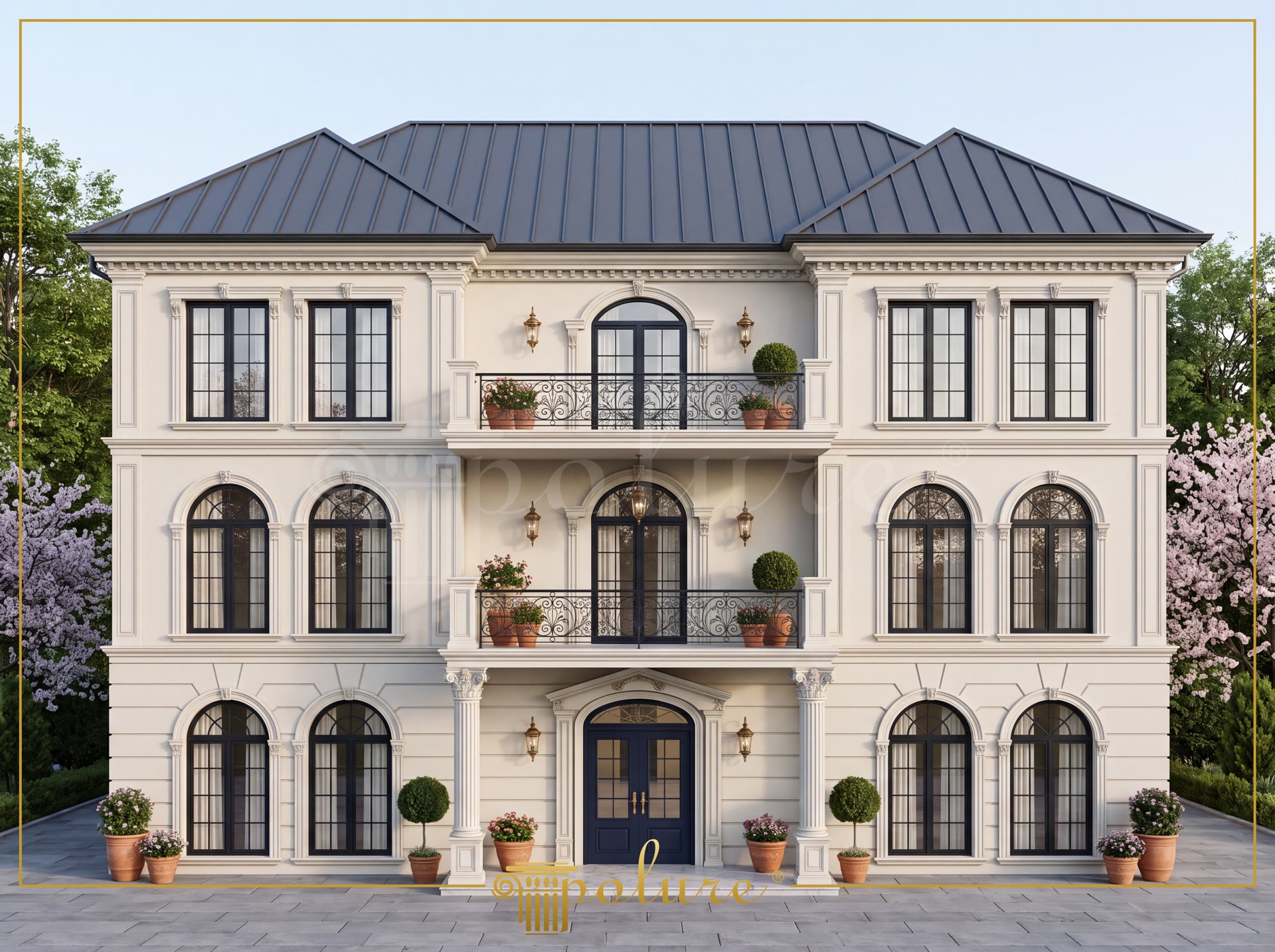 Klasik villa dış cephesinde kullanılan poliüretan söve, kavisli kemer ve pilaster sütun kaplama modelleri.
