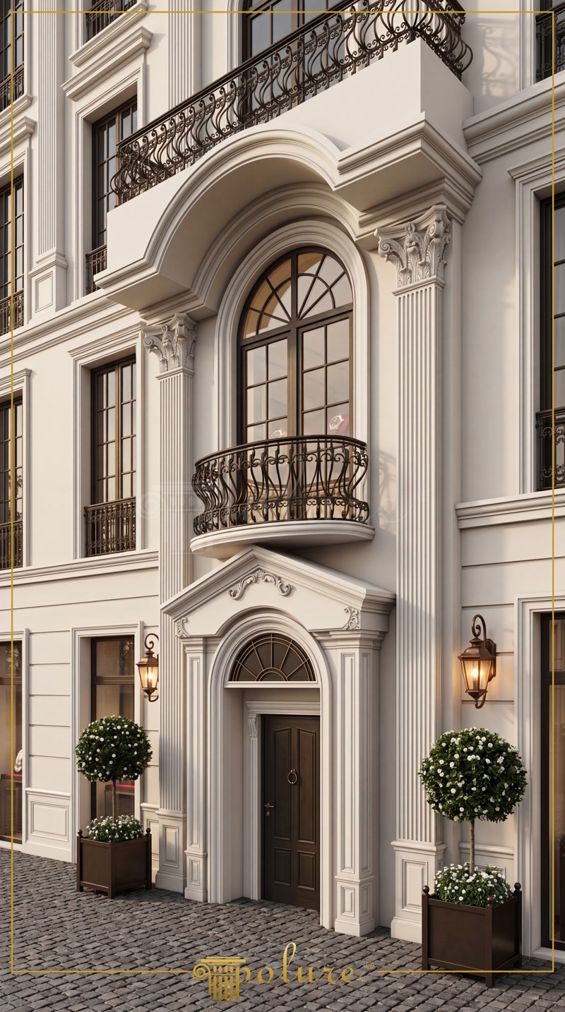Poliüretan pilaster sütunlar ve kemerli sövelerle süslenmiş neo klasik tarzda beyaz dış cephe giriş kapısı tasarımı.