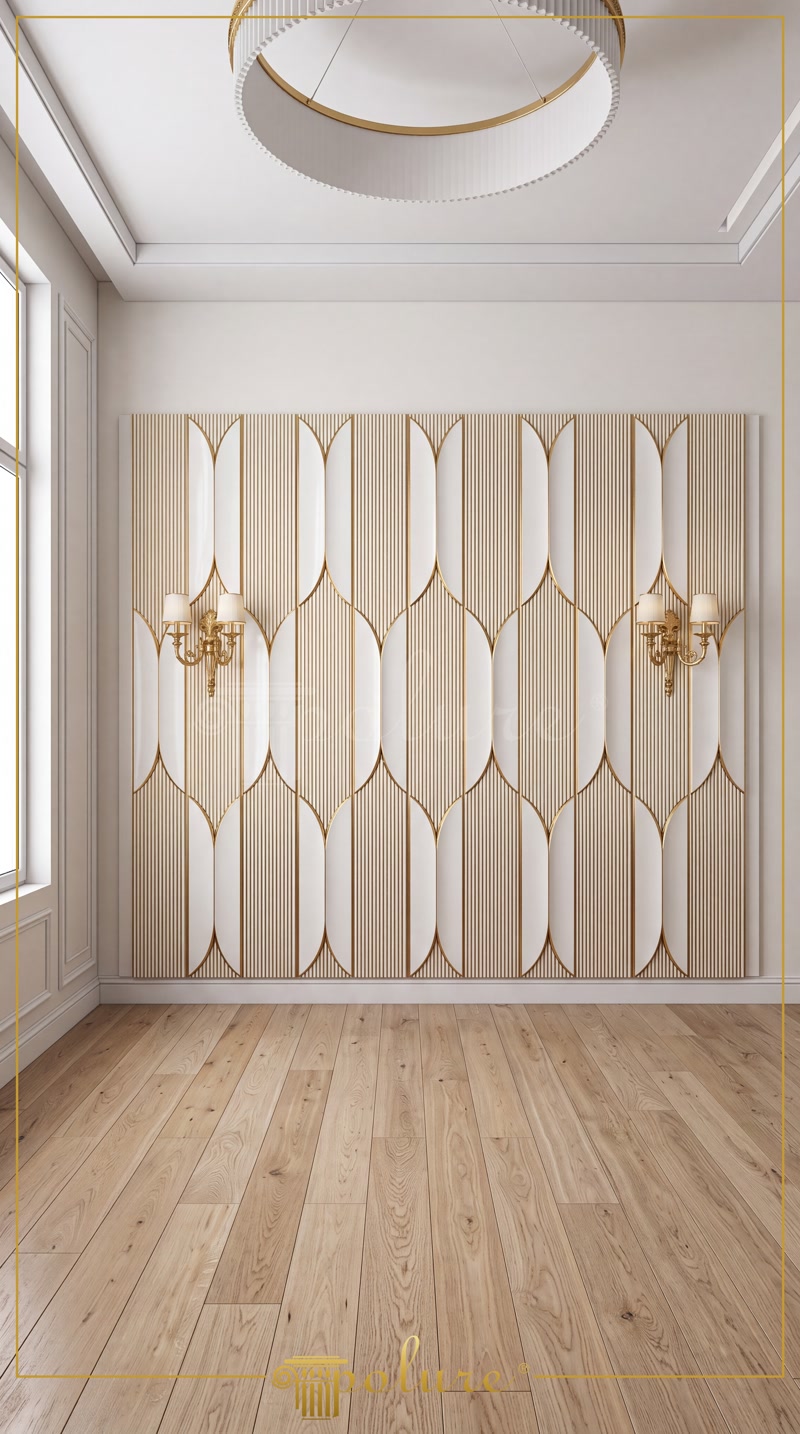 Beyaz ve gold detaylı dikey çizgili poliüretan panel kaplı salon duvarı ve klasik pirinç aplik tasarımları.