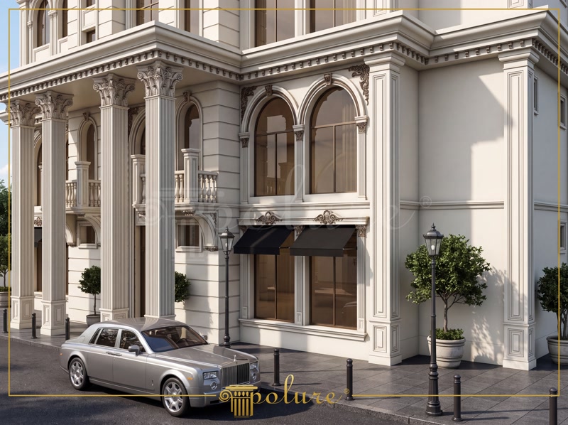Poliüretan klasik otel dış cephe dekorasyonunda kullanılan söve, kemer, pilaster sütun ve taç modelleri.