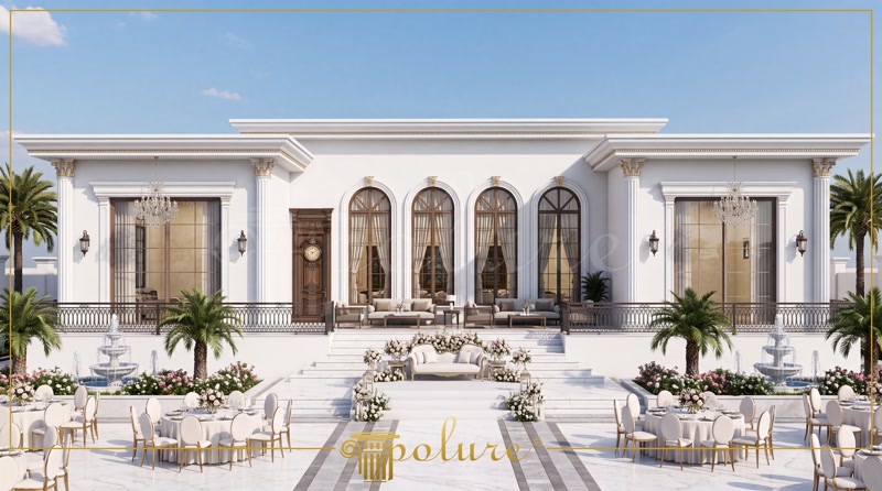 Poliüretan söve ve pilaster sütunlarla süslenmiş beyaz klasik dış cephe düğün salonu tasarımı.