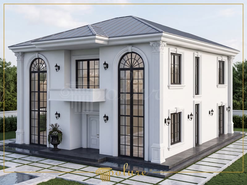 Poliüretan söve, pilaster sütun ve yuvarlak kavis kemer kaplamalı iki katlı beyaz klasik villa dış cephesi
