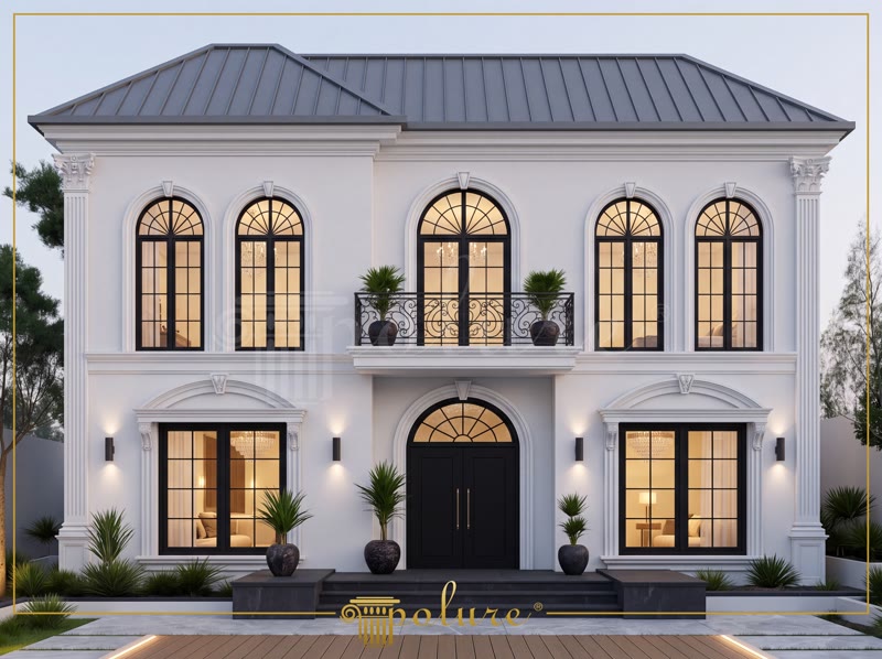 Poliüretan dış cephe söve, pilaster sütun ve kavisli kemer kaplamalı iki katlı müstakil beyaz villa tasarımı.