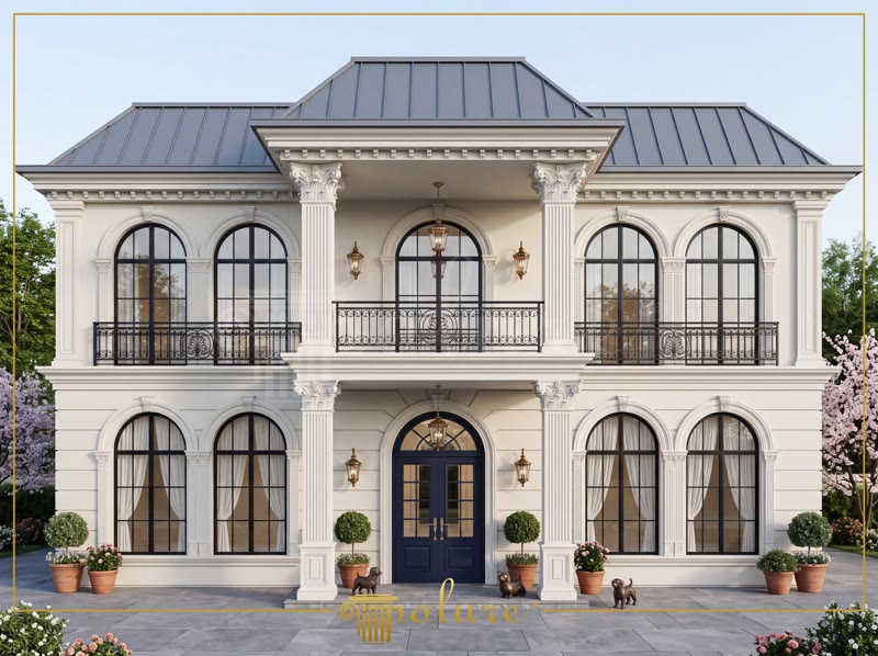 Klasik stil iki katlı villa dış cephesinde kavisli poliüretan söve, kemer kaplama ve yivli pilaster sütunlar.