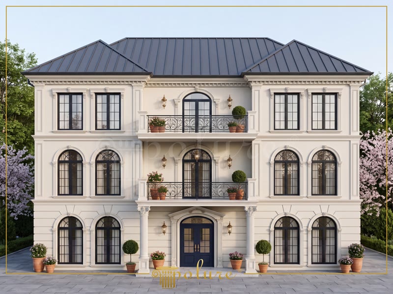 Klasik villa dış cephesinde kullanılan poliüretan söve, kavisli kemer ve pilaster sütun kaplama modelleri.