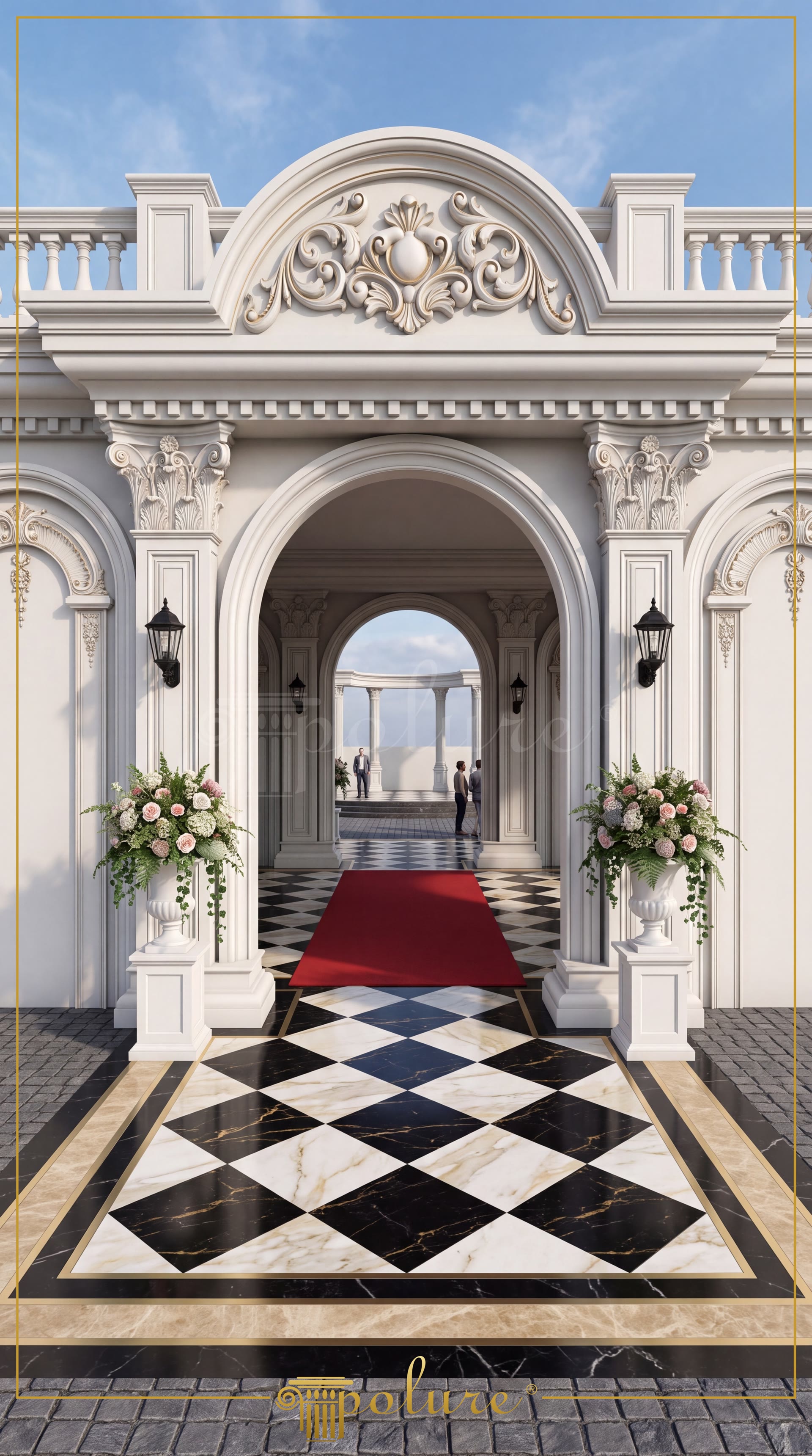 Poliüretan pilaster sütunlar, oymalı taç profilleri ve kemer söveleri ile tasarlanmış neo klasik bina giriş kapısı.