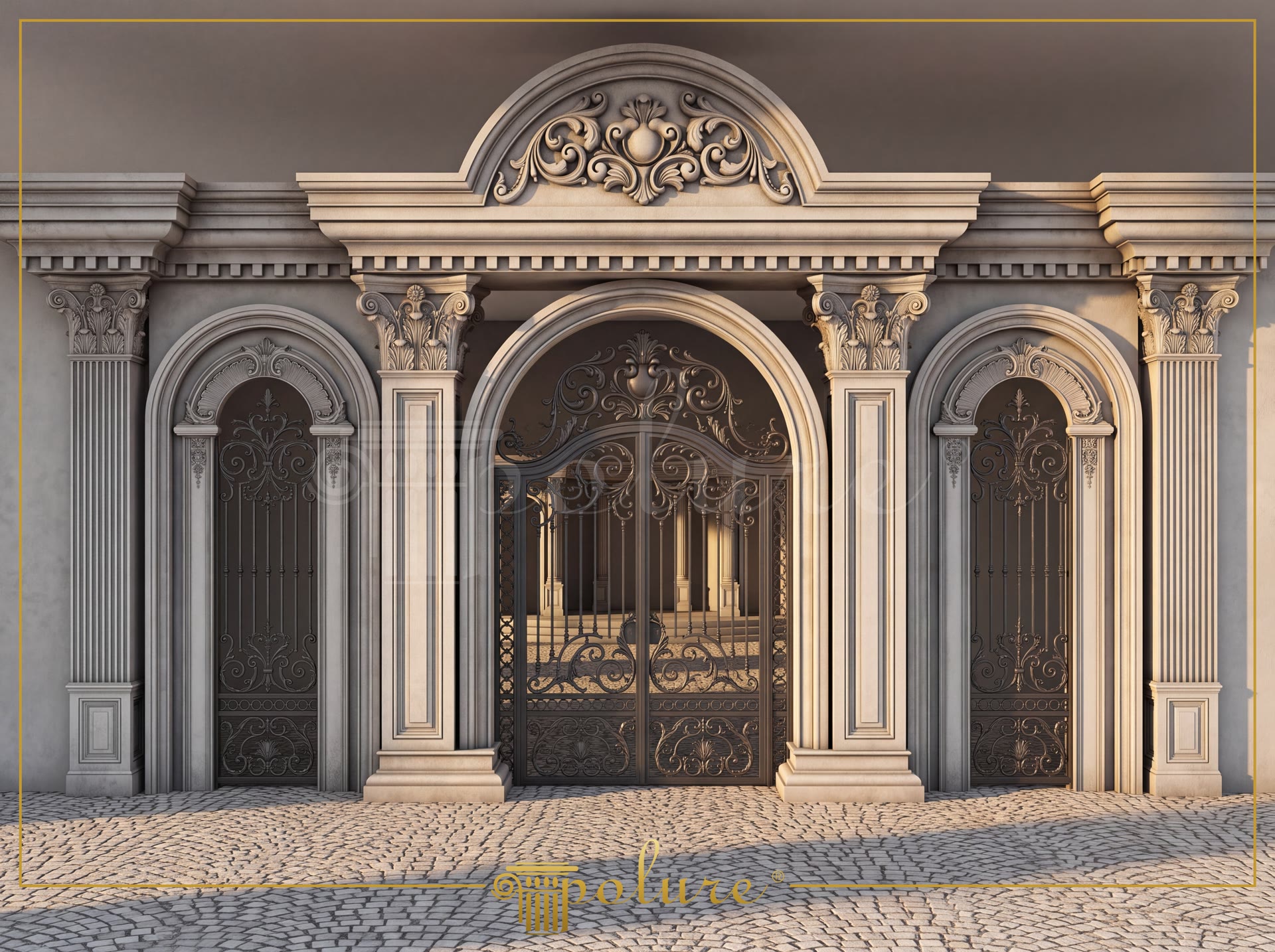 Poliüretan kavis kemer söve, pilaster sütun ve taç profilleri ile tasarlanmış neo klasik dış cephe giriş kapısı.