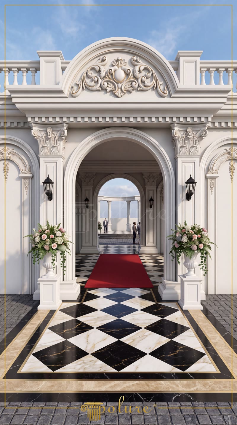 Poliüretan pilaster sütunlar, oymalı taç profilleri ve kemer söveleri ile tasarlanmış neo klasik bina giriş kapısı.