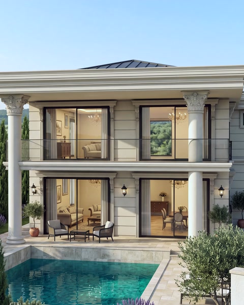 Havuzlu villa cephesinde sütunlu giriş ve beyaz cephe kaplaması