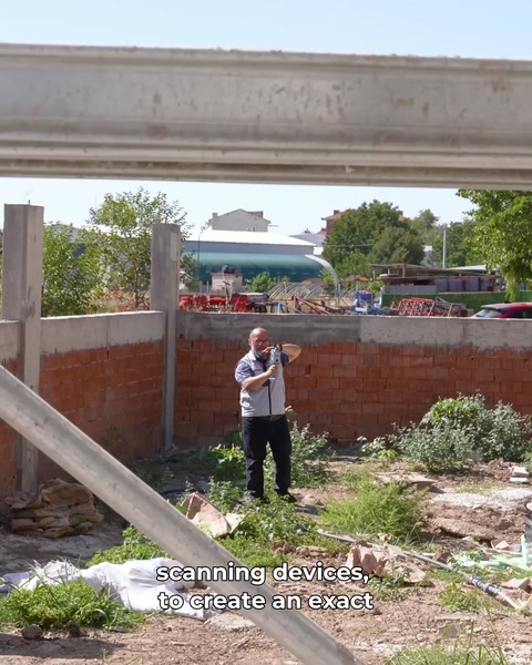 Teknisyen bahçe duvarı önünde tarama cihazıyla ölçüm yapıyor