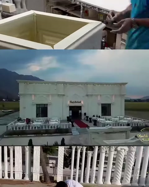 Kutu biçimli dekoratif eleman, dağ manzaralı cephe ve sütunlar görülüyor