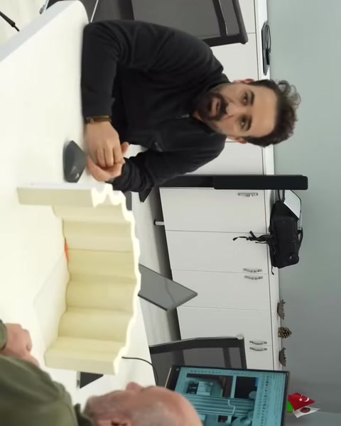 Sunum sırasında sütun parçasının genişliği ve kavisli yapısı gösteriliyor