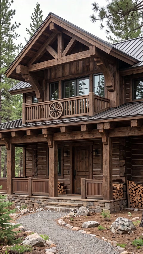 Ahşap cepheli yapıda kirişli çatı ve balkon detayı