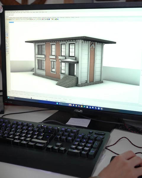 Bilgisayarda villa katı modeli tasarım aşamasında görünüyor